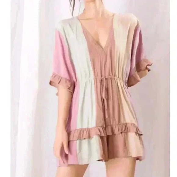 Storia Mauve Boho Rayon Blend Oversized Tie Waist Ruffle Mini Dress Size S - Picture 1 of 16